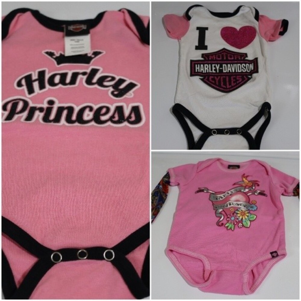 Harley Davidson Baby Girl Body Suits Lot of 3 Tattoo Arm Pink I Love Harley 3-6